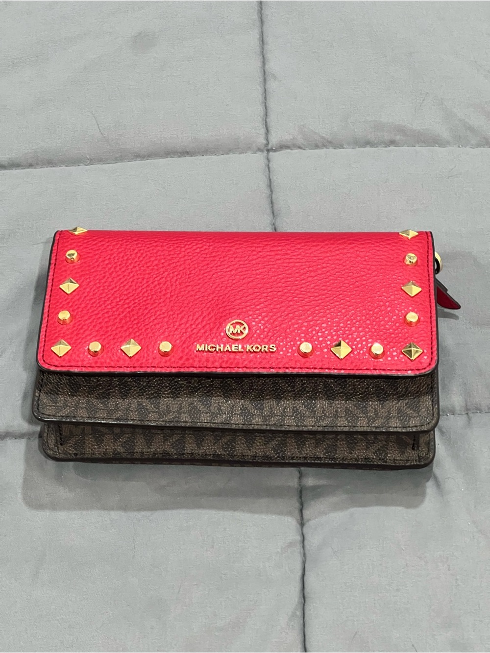 Michael Kors Hot Pink and Brown Signature Studded Crossbody Wallet